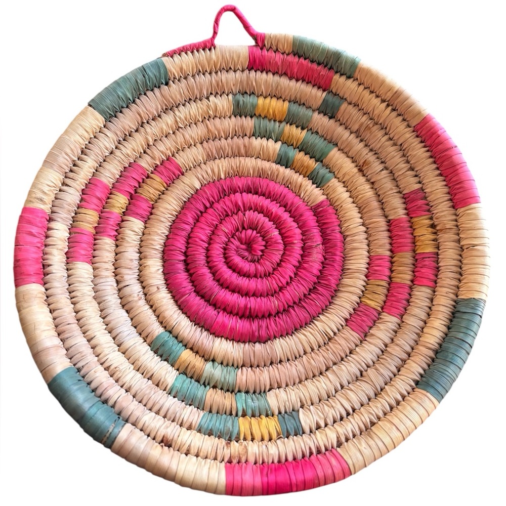 Vintage woven coil basket/bowl. geometric design.loop for hanging on the wall.